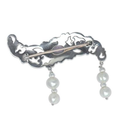 Alternate image for Amethyst and Pearl Sterling Silver Brooch Pin Misty Dew