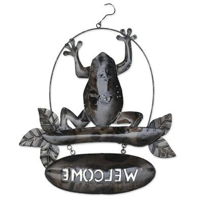 Alternate image for Handcrafted Frog-Themed Iron Welcome Sign from Bali Frogs Realm