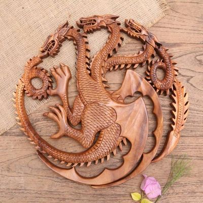 Alternate image for Handmade Suar Wood Dragon-Motif Relief Panel King Ghidorah