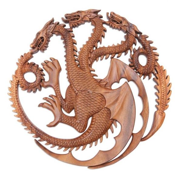 Alternate image for Handmade Suar Wood Dragon-Motif Relief Panel King Ghidorah