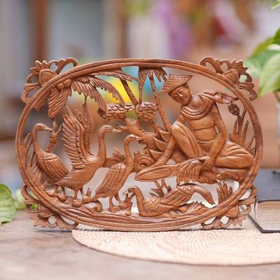 Alternate image for Hand Carved Suar Wood Wall Panel Farmer Traditional Bali Feeding Ducks