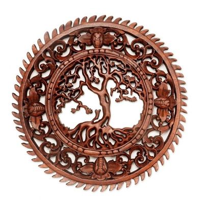 Alternate image for Hand Carved Tree Motif Wall Relief Panel from Bali Tree of Serenity