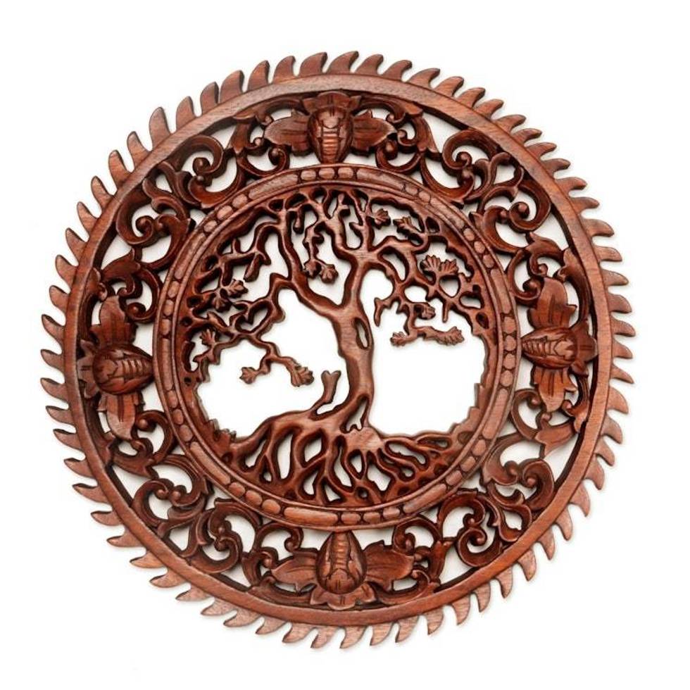 Hand Carved Tree Motif Wall Relief Panel from Bali 'Tree of Serenity'