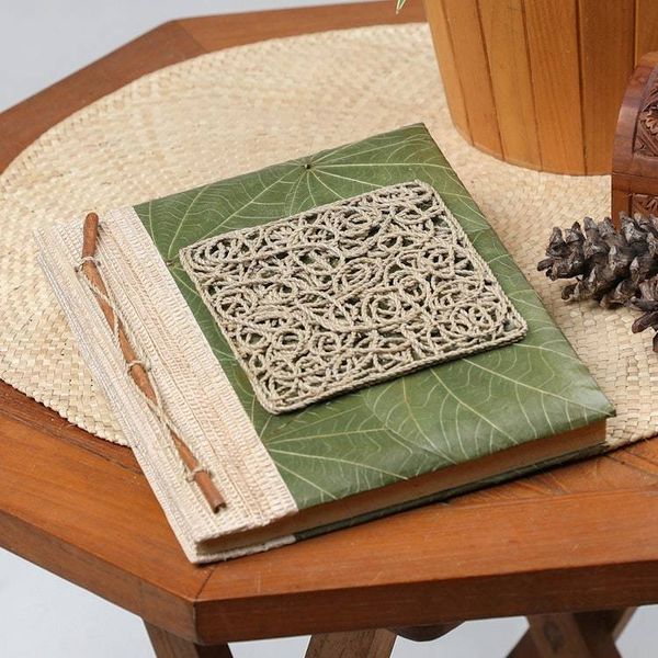 Alternate image for Handmade Natural Fiber Journal Covered in Green Leaves Memories from the Heart