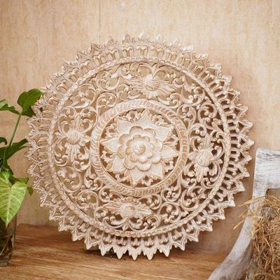 Alternate image for Suar Wood Relief Panel with Lotus Motif Focus on the Lotus