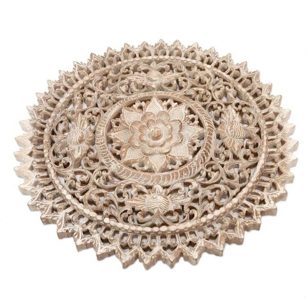 Alternate image for Suar Wood Relief Panel with Lotus Motif Focus on the Lotus