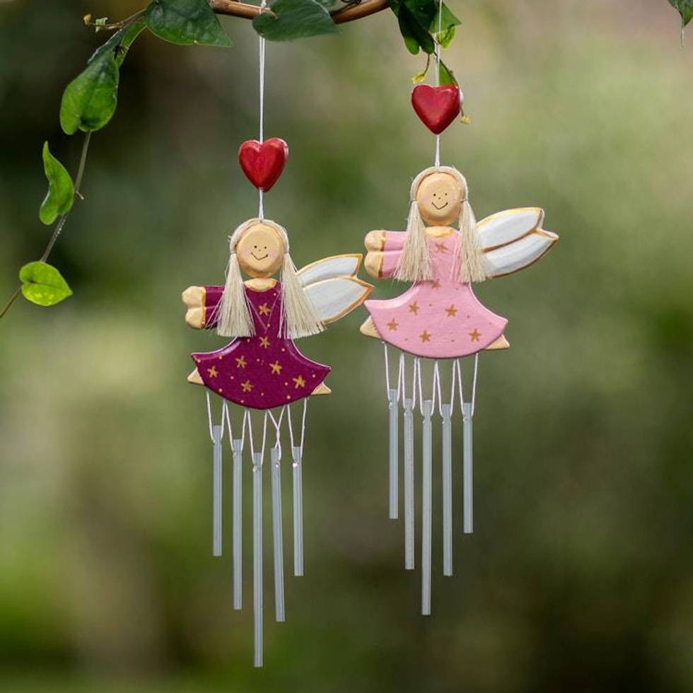 Pair of Fairy-Shaped Wood and Natural Fiber Wind Chimes 'Petite Stars'