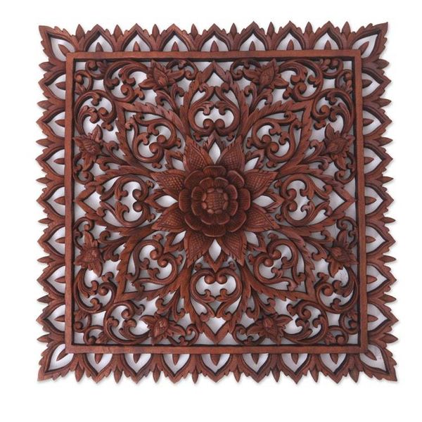 Alternate image for Hand Carved Wood Relief Panel with Floral Motif from Bali Come Into Blossom