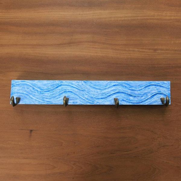 Alternate image for Handcrafted Balinese Blue Teak Wood Coat Rack Hanger Beach Waves in Blue