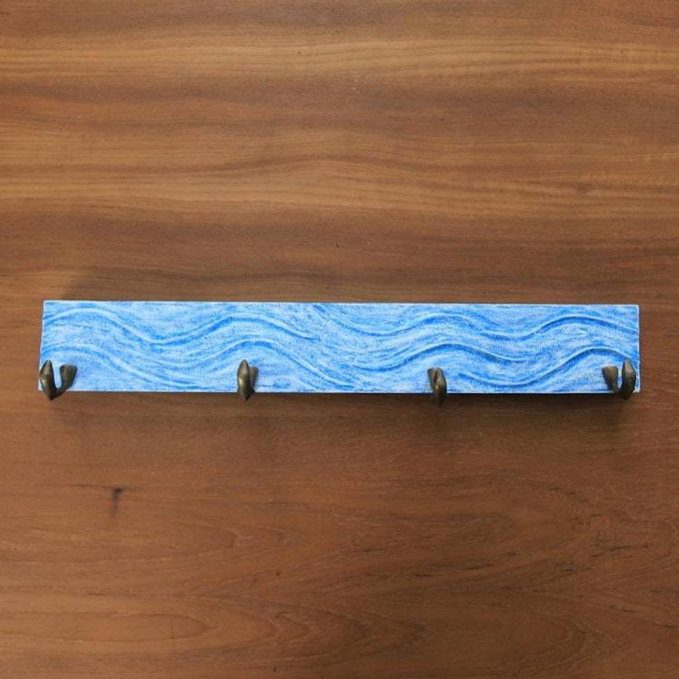 Handcrafted Balinese Blue Teak Wood Coat Rack Hanger 'Beach Waves in Blue'