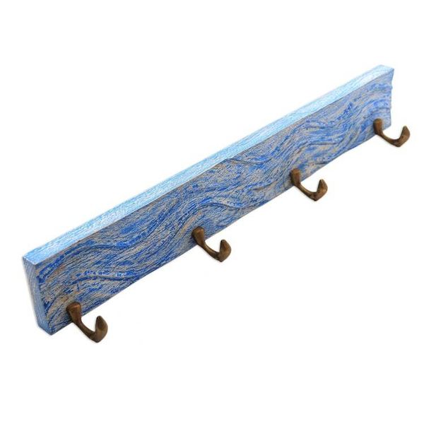 Alternate image for Handcrafted Balinese Blue Teak Wood Coat Rack Hanger Beach Waves in Blue