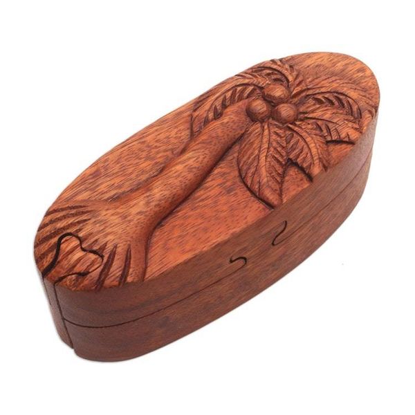 Alternate image for Hand Carved Wood Puzzle Box with Palm Tree Coconut Palm
