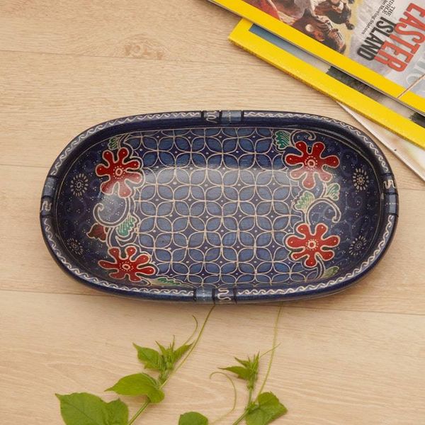 Alternate image for Handmade Batik Oblong-Shaped Blue Pule Wood Decorative Bowl Water Batik