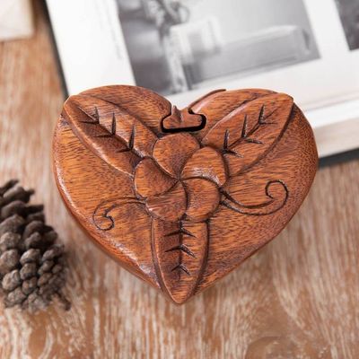 Alternate image for Hand-Carved Floral Brown Suar Wood Puzzle Box from Bali Frangipani Challenge