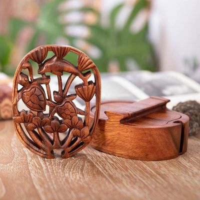 Alternate image for Marine-Themed Brown Suar Wood Puzzle Box Handcrafted in Bali Hidden Ocean