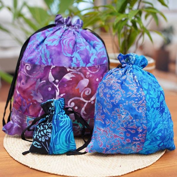 Alternate image for Balinese-Made Set of 3 Batik Patchwork Rayon Gift Pouches Nocturnal Fest