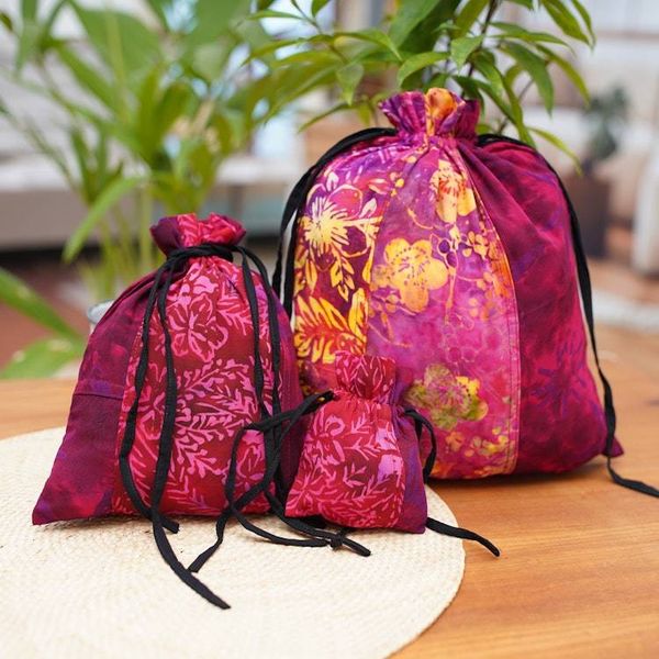 Alternate image for Upcycled Set of 3 Red and Pink Batik Patchwork Gift Pouches Flaming Joy