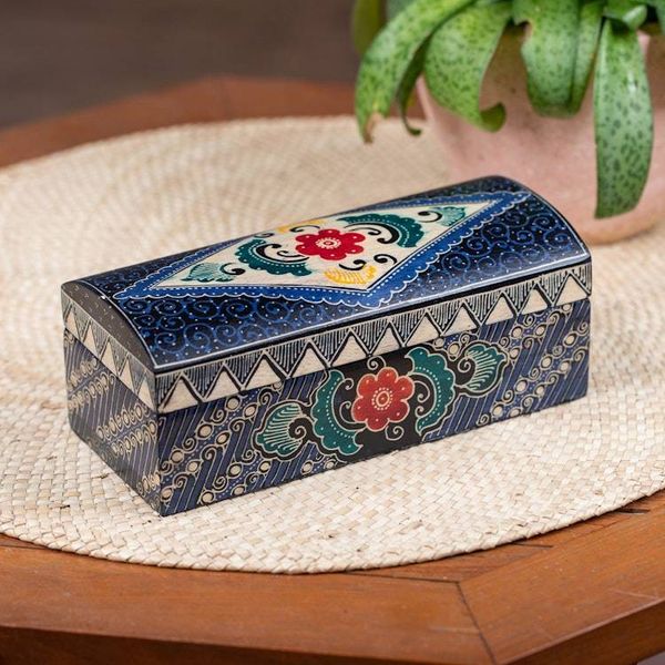 Alternate image for Hand-Carved Floral Rectangular Lined Batik Wood Jewelry Box Indigo Garden