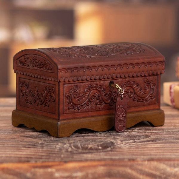 Alternate image for Embossed Leather Leaves on Mohena Wood Treasure Chest Box Classic Inspiration