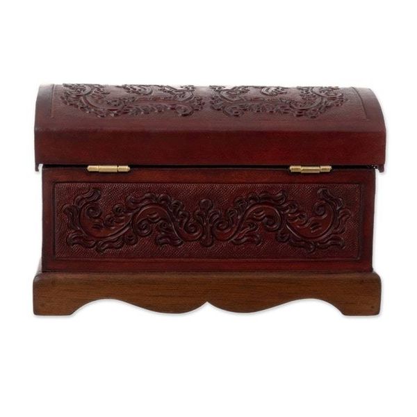 Alternate image for Embossed Leather Leaves on Mohena Wood Treasure Chest Box Classic Inspiration