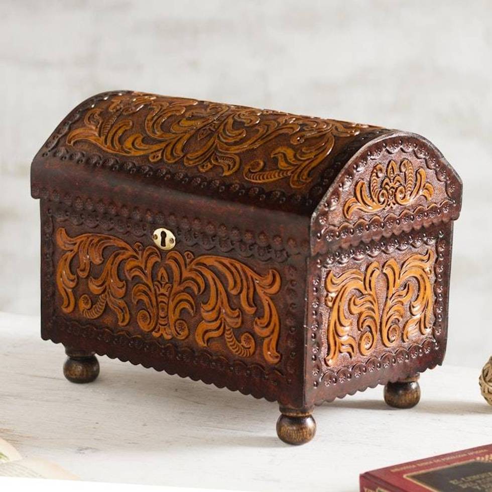 Vine Pattern Leather and Wood Jewelry Chest from Peru 'Colonial Style'
