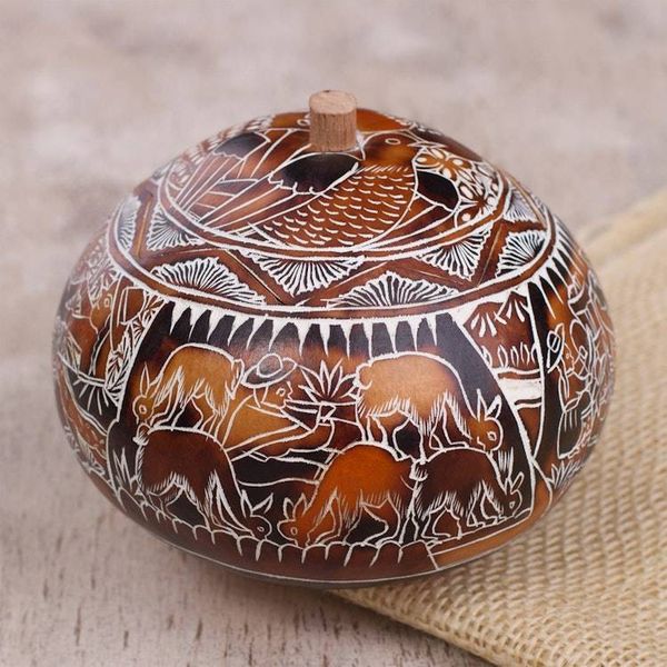 Alternate image for Hand Carved Gourd Decorative Box with Harvest Festival Scene Harvest Festival