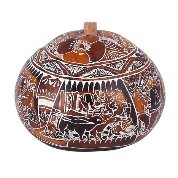 Alternate image for Hand Carved Gourd Decorative Box with Harvest Festival Scene Harvest Festival