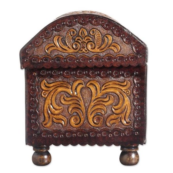 Alternate image for Vine Pattern Leather and Wood Jewelry Chest from Peru Colonial Style