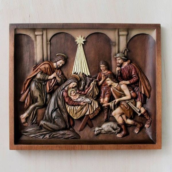 Alternate image for Handcrafted Cedar Wood Nativity Scene Relief Sculpture Nativity with Shepherds