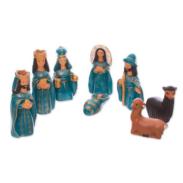 Alternate image for Handcrafted Ceramic Nativity Scene in Blue Set of 8 Arrival of Jesus
