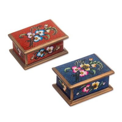 Alternate image for 2 Red and Blue Reverse Painted Glass Floral Decorative Boxes Precious Garden