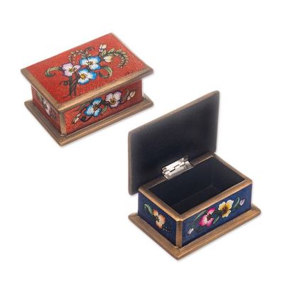 Alternate image for 2 Red and Blue Reverse Painted Glass Floral Decorative Boxes Precious Garden