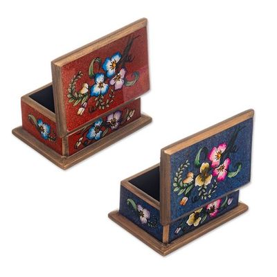 Alternate image for 2 Red and Blue Reverse Painted Glass Floral Decorative Boxes Precious Garden