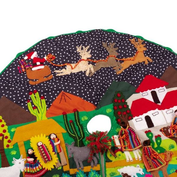 Alternate image for Cotton Blend Applique Christmas Tree Skirt of Andean Scene Holiday Excitement