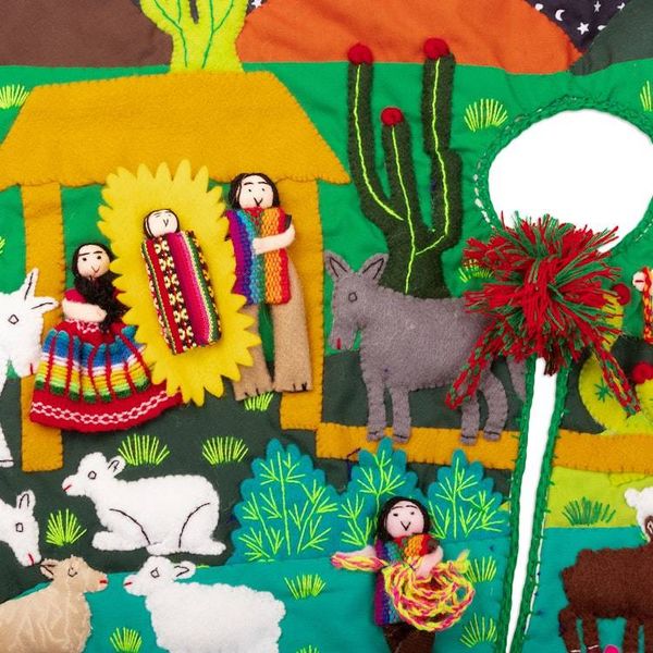 Alternate image for Cotton Blend Applique Christmas Tree Skirt of Andean Scene Holiday Excitement