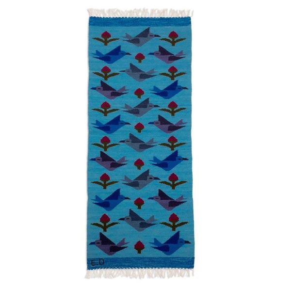 Alternate image for Handloomed Turquoise Wool Rug with Birds and Flowers 2x5 Turquoise Calm