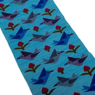 Alternate image for Handloomed Turquoise Wool Rug with Birds and Flowers 2x5 Turquoise Calm