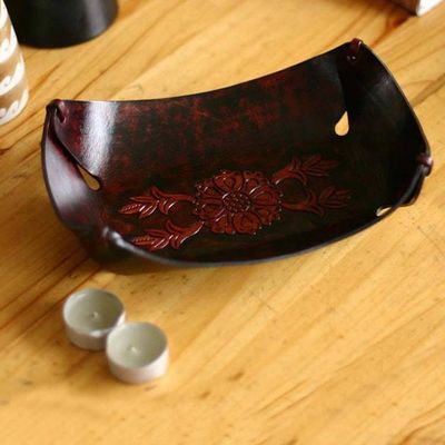 Alternate image for Rectangular Hand Crafted Leather Brown Floral Catchall Sunflower Garland