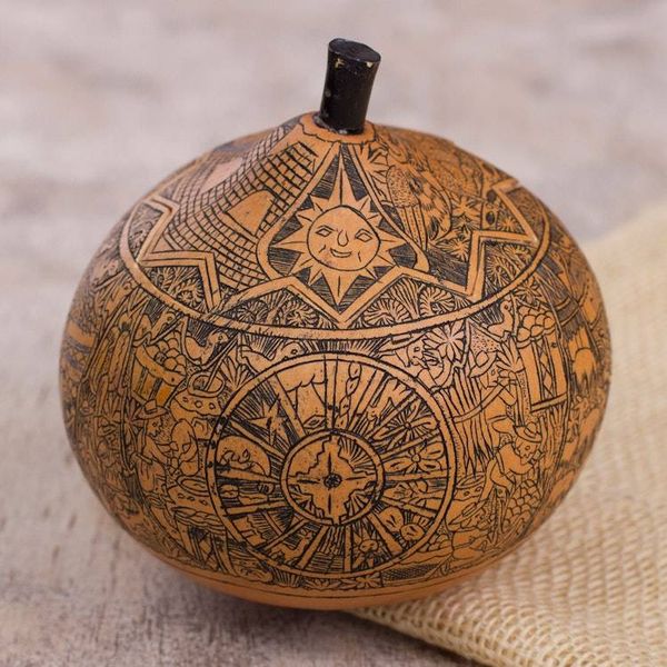 Alternate image for Hand Carved Andean Trilogy Sun and Moon Gourd Decorative Box Andean Trilogy