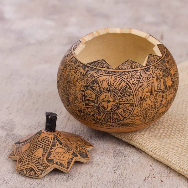Alternate image for Hand Carved Andean Trilogy Sun and Moon Gourd Decorative Box Andean Trilogy