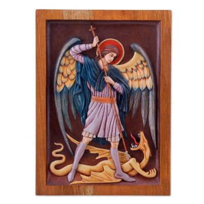 Alternate image for St Michael and Dragon Religious Wall Art Cedar Wood Panel Saint Michael Archangel
