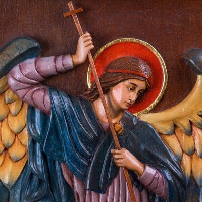 Alternate image for St Michael and Dragon Religious Wall Art Cedar Wood Panel Saint Michael Archangel