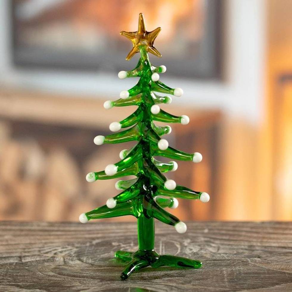 Handcrafted Glass Christmas Tree Statuette 'Star on Top'