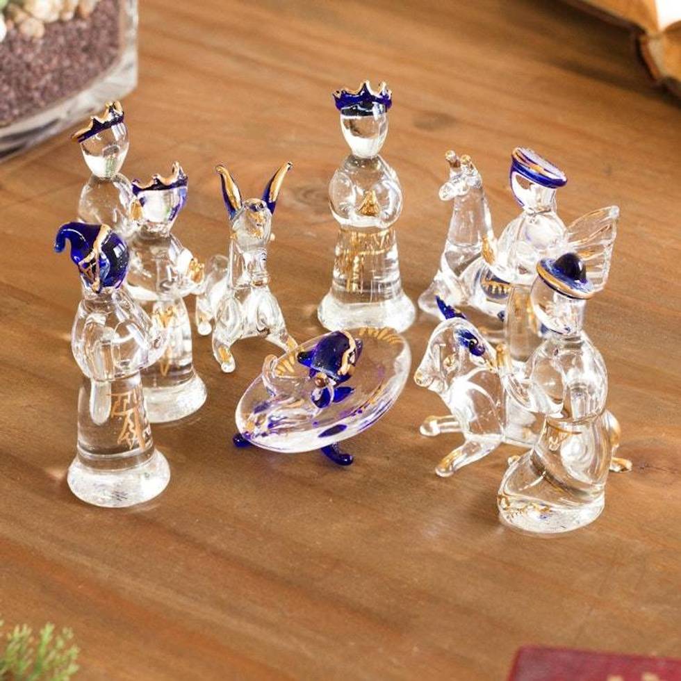 Clear Gilded Glass Nativity Scene from Peru 12 Piece 'Andean Festivity'