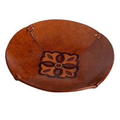 Alternate image for Brown Hand Tooled Leather Catchall Plate from Peru Colonial Florals