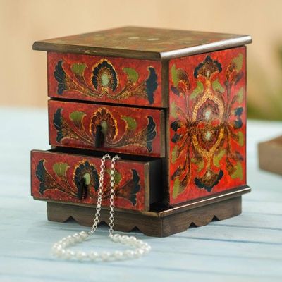 Alternate image for Reverse Painted Glass Decorative Chest in Red from Peru Joyous Red Enchantment