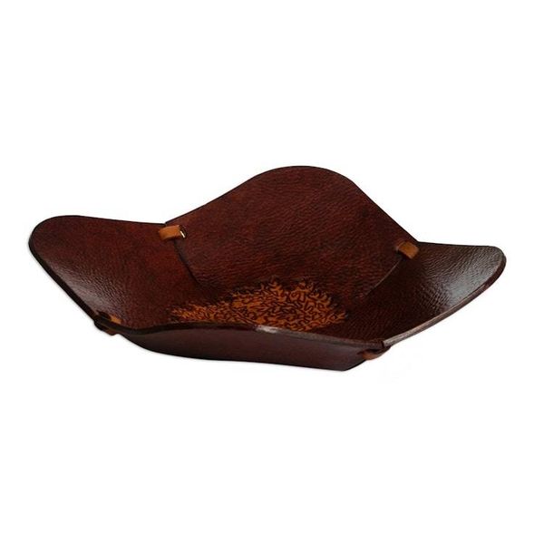 Alternate image for Brown Tree Motif Hand Tooled Leather Catchall from Peru Blooming Tree