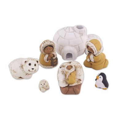 Alternate image for 8-Piece Hand-Painted Inuit-Themed Ceramic Nativity Scene Inuit Family