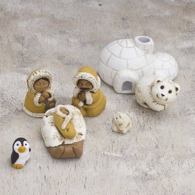 Alternate image for 8-Piece Hand-Painted Inuit-Themed Ceramic Nativity Scene Inuit Family