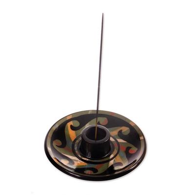 Alternate image for Handcrafted Wavy-Patterned Round Ceramic Incense Holder Ancestral Waves